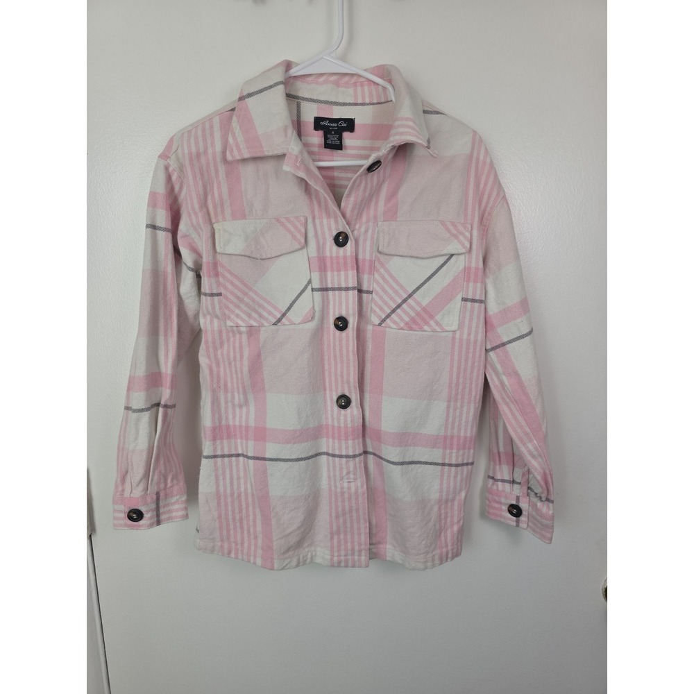 Anna Cai Shirt Jacket Womens Medium Pink Plaid Flannel Button Front Pockets‎